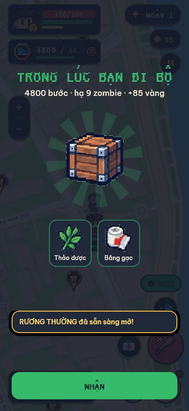 Màn hình Trong lúc bạn đi bộ: 4800 bước, hạ 9 zombie, +85 vàng và một rương